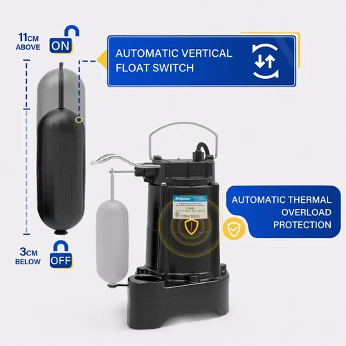 Miniatura 5 de Acquaer Bomba sumergible de aguas residuales/efluentes de 1/3 HP, bomba de sumidero de hierro fundido de 3680 GPH con interruptor de flotador