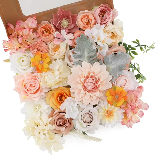 Miniatura 24 de Floweroyal Flores Artificiales Rosadas Flores de Rosa Falsas Dalia con Tallos para Ramos de Novia de Boda DIY, Baby Shower, Arreglo Floral, Centros