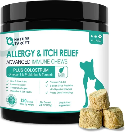 NATURE TARGET Masticables liofilizados para aliviar la alergia para perros, con probióticos, calostro para la salud inmunológica, antipicazón y
