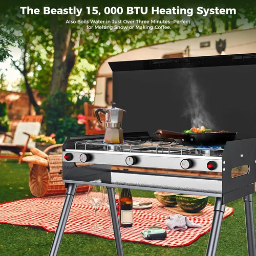 Miniatura 4 de CAMPLUX - Estufa de campamento de propano con 2 quemadores y 1 parrilla, 15,000 BTU portátil, para exteriores, con patas de pie, estufa de gas