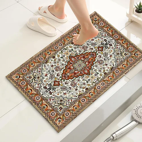 Miniatura 2 de Alfombra de Baño Boho Marrón Vintage Alfombra de Baño Bohemia Retro con Patrón Floral Alfombra de Baño 20x32 Pulgadas Antideslizante Absorbente