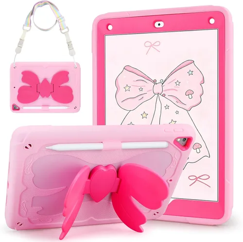 Miniatura 7 de VOFUOE Funda para iPad de 6ª/5ª generación con protector de pantalla para iPad 9.7, 2018 2017, correa de soporte de mariposa, muñecos, portalápices