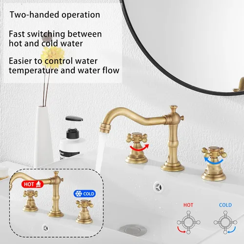 Miniatura 4 de Grifo de lavabo de baño extendido de 8 pulgadas, 2 manijas, 3 orificios, grifo de tocador de baño de latón antiguo, grifo mezclador de lavabo
