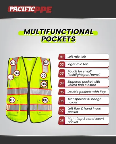 Miniatura 4 de PACIFIC - Chaleco de seguridad con 10 bolsillos para hombre, tiras reflectantes de alta visibilidad 3M con bolsillos y cremallera, ANSI Clase 2