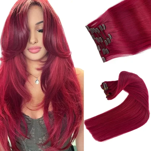 Miniatura 27 de Extensiones de cabello con clip sin costuras de cabello humano real, extensiones de cabello natural negro real con clip 7 piezas 100 g 36 cm