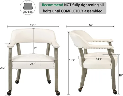Miniatura 3 de SY1318WT - Silla de comedor con ruedas y brazos, silla de capitán de madera maciza, silla giratoria de escritorio de oficina, tapizada, 31.5 Pierna