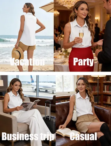 Miniatura 5 de HOTOUCH Camisas sin mangas con botones ocultos para mujer, frente con botones ocultos, cuello, blusas casuales elegantes holgadas para oficina