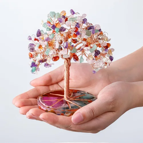 Miniatura 5 de ZenBless Árbol de Piedras de Cristales Curativos de 7 Chakras, Hoja de Piedra de Cristal Colorida Envuelta con Alambre sobre Base de Rodaja de Ágata