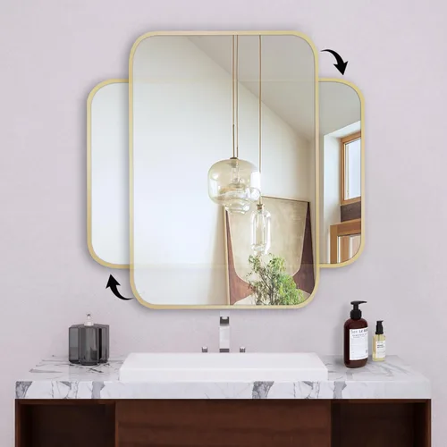 Miniatura 6 de Espejo de oro francés cepillado de 20 x 30 pulgadas para pared, espejo rectangular redondeado dorado con marco de metal para colgar para baño