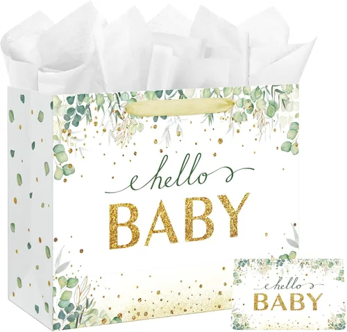 Miniatura 7 de Bolsa de regalo grande de 13" para bebé niño o niña para baby shower o cumpleaños con asa, papel de seda y tarjeta de felicitación (13" Verde)