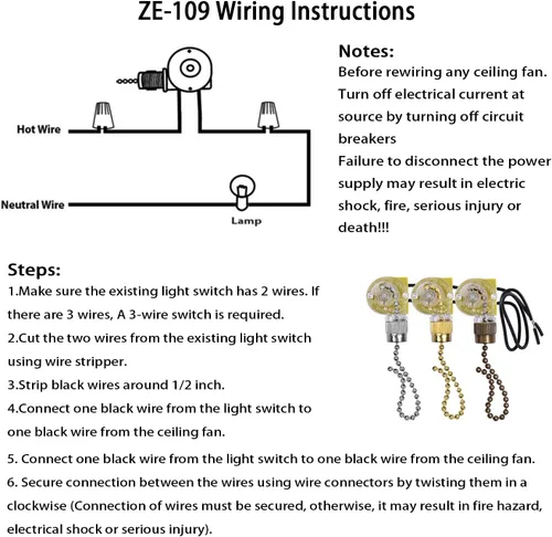 Miniatura 6 de Interruptor de luz para ventilador de techo Zing Ear ZE-109, control de dos cables encendido-apagado compatible con lámparas de techo Hunter y luces