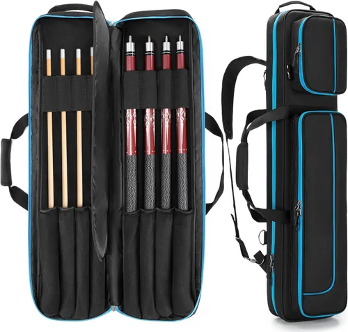 GOBUROS Estuche para tacos de piscina de 4 x 4 pulgadas, soporta hasta 4 colillas y 4 ejes, estuche de transporte para palos de billar con bolsillos