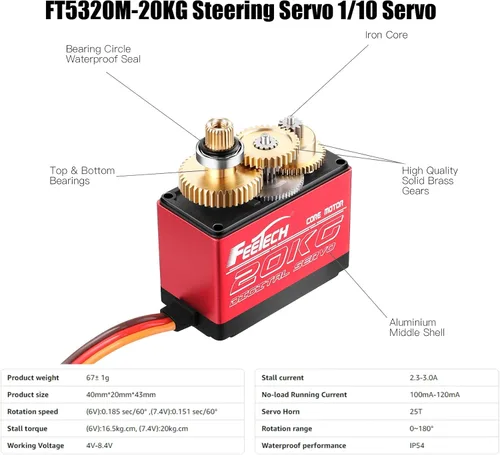 Miniatura 4 de FEETECH Servo motor de 44.1 lbs 7.4 V de alto voltaje impermeable de alto par RC servo servo de metal completo servo digital, caja de aluminio