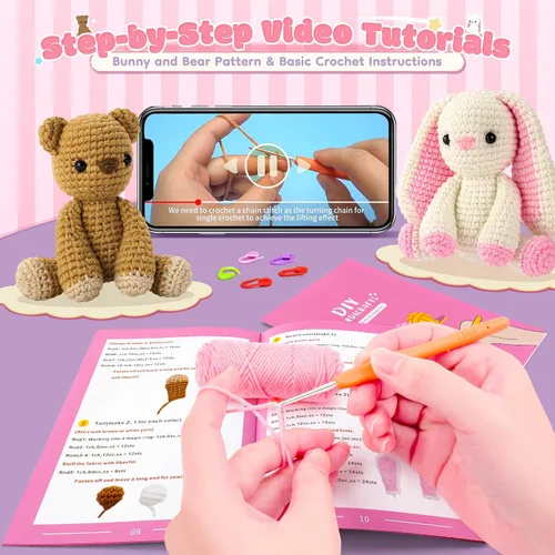 Miniatura 4 de Kit de ganchillo para principiantes, kit de ganchillo de conejo y oso con tutoriales en video paso a paso, kit de ganchillo de conejo para Conejo