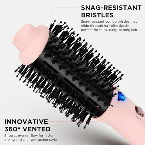 Miniatura 5 de Aima Beauty Cepillo secador de pelo, cepillo de aire caliente de cerámica iónica para alisado sin encrespamiento y soplado voluminoso, barril Rosa