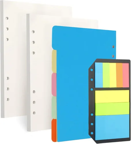 Toplive Papel de repuesto A5, relleno de hojas sueltas en blanco, 90 hojas (180 páginas) con 5 divisores coloridos y 1 paquete de notas adhesivas,