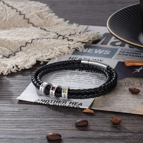 Miniatura 8 de Pulsera personalizada para el Día del Padre para hombre, pulseras personalizadas de cuero trenzado negro con cuentas grabadas de 1 a 8 nombres