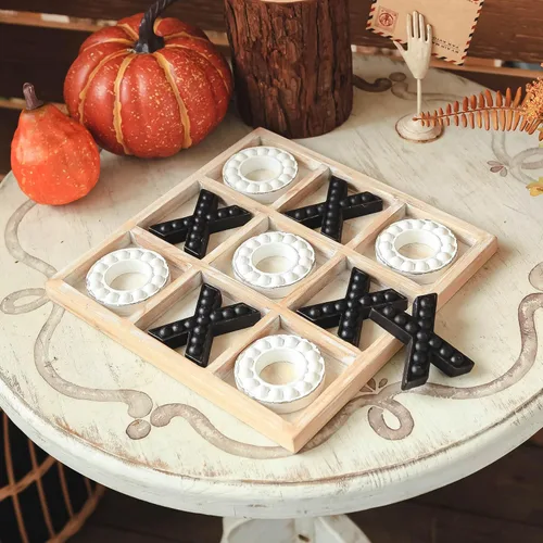 Miniatura 2 de NIKKY HOME Juego de mesa Tic Tac Toe para decoración de mesa de centro, tablero de madera rústico de 10.6 pulgadas, negro y blanco