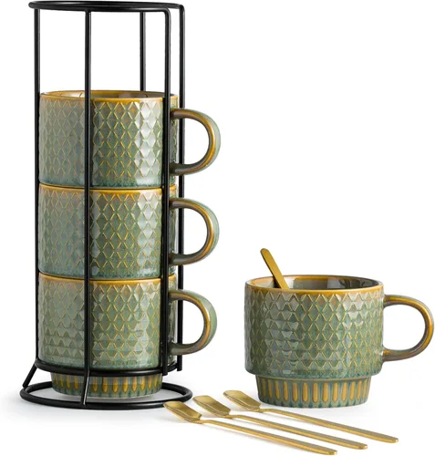 Miniatura 12 de LYEOBOH Tazas de café apilables con estante, juego de 4 tazas de café de cerámica de 13 onzas con soporte, taza de café con cuchara, tazas de Blanco
