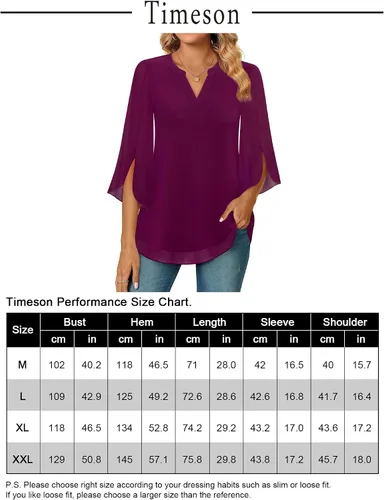 Miniatura 7 de Timeson Blusa de gasa de manga 34 para mujer, cuello en V, túnica elegante