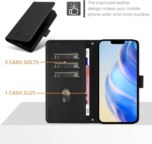 Miniatura 9 de Flip Wallet Case for Motorola Moto E32 4G (Int'l), Keep Smile Embossed Leather Cover with Card Slots, RFID Blocking, Kickstand, Wrist Strap Black.