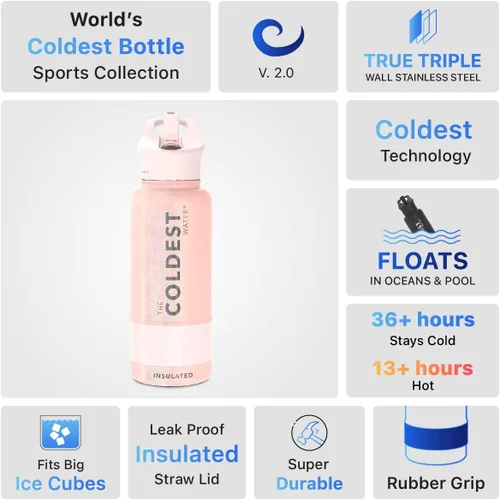 Miniatura 4 de Coldest - Botella para agua con tapa que incluye pajilla, térmica y metálica (acero inoxidable), para hombres y mujeres, color rosa brillante