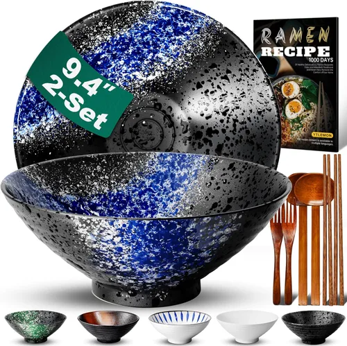 Miniatura 8 de Juego de 2 cuencos de cerámica para ramen de 8 pulgadas (9 piezas) – Tazones grandes de porcelana japonesa para ensalada, fideos, cereales, frutas