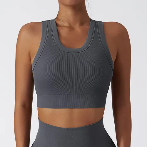 Miniatura 67 de Conjuntos de entrenamiento para mujer, 2 piezas, sin costuras, acanalada, sin mangas, brasier deportivo, cintura alta, pantalones cortos