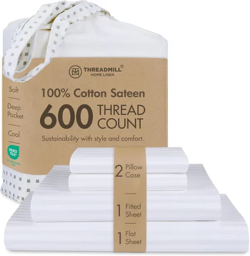Miniatura 20 de Threadmill Sábanas de Algodón 100% para Cama Tamaño Queen - Juego de Sábanas Queen de 600 Hilos con Bolsillo Profundo de 16" - Juego de Ropa de Cama