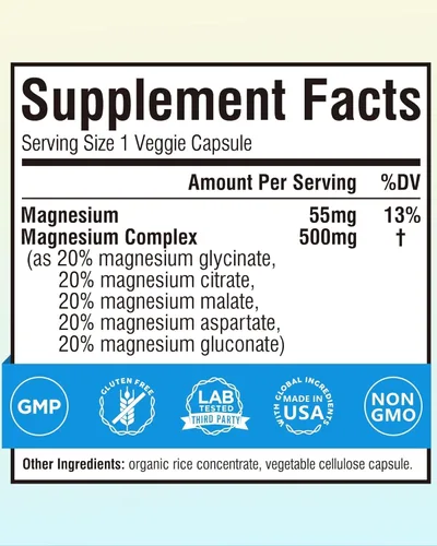 Miniatura 6 de Suplemento de complejo de magnesio 5-en-1 de Terranics 500mg - 5 formas de magnesio de alta absorción Glicinato Citrato Malato Aspartato Gluconato
