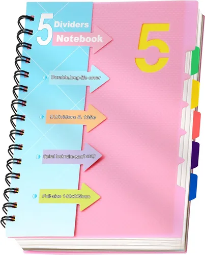 CAGIE- Cuaderno pequeño universitario con tapa en espiral, A5 de 5 x 7 pulgadas, con pestañas separadoras extraíbles para 5 materias, 220 páginas,