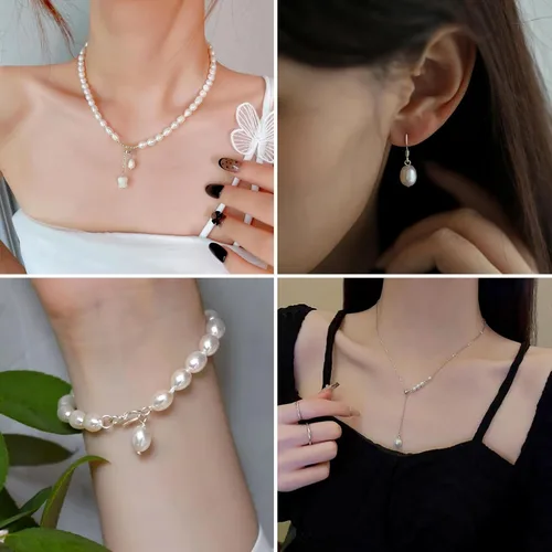Miniatura 3 de Pandahall - 50 dijes de perlas de agua dulce plateadas, conectores colgantes de perlas naturales y eslabones en forma de arroz con lazo para mujer