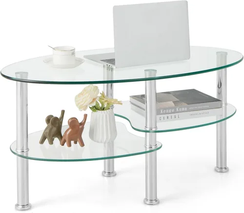 Miniatura 9 de Giantex Mesa de centro ovalada de vidrio templado transparente de 3 niveles con patas cromadas resistentes, mesa auxiliar de sofá pequeña, mesa