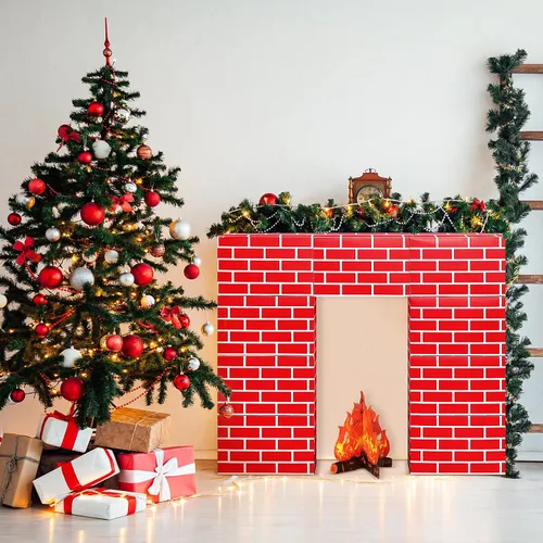 Miniatura 5 de Fullhawl Chimenea de cartón de ladrillo rojo artificial 3D de 39 x 35 pulgadas, chimenea de Navidad con llama de fuego 3D, telón de fondo falso