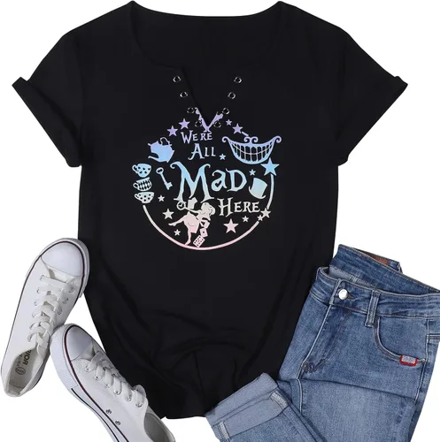 Miniatura 6 de ASTANFY - Camiseta para mujer "We're All Mad Here", con estampado mágico, lindas camisetas gráficas, tops casuales de manga corta para vacaciones