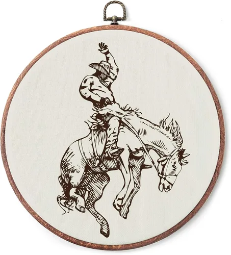 IDUXIY Decoración de pared vintage de vaquero occidental, impresión en lienzo retro de Rodeo, decoración redonda para colgar en la pared, enmarcada,