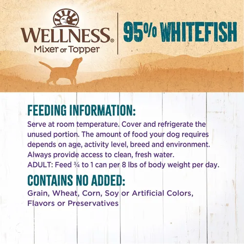 Miniatura 6 de Wellness 95% Whitefish - Alimento húmedo enlatado para perros adultos, sin granos, natural, 13.2 onzas, paquete de 12 latas