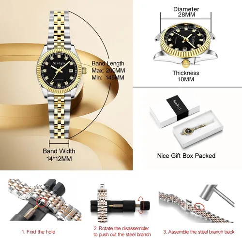 Miniatura 6 de Szaikyri Reloj clásico para mujer con banda de acero inoxidable sólido, reloj de vestir para mujer, reloj con calendario