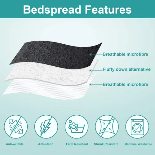 Miniatura 3 de Hansleep - Edredón negro tamaño King – Colcha ultrasónica con diseño damasco para todas las estaciones, juego de ropa de cama suave y ligero, 3