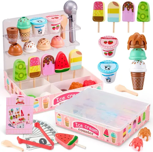 Miniatura 8 de Ehome Juego de juguetes de helado de madera, tienda de alimentos para niños, para servir helados, mostrador, tienda, juego de cocina con rueda