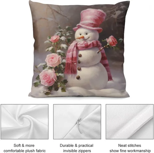 Miniatura 6 de Funda de cojín de muñeco de nieve con rosas rosadas, bufanda y sombrero, funda de almohada para cama, decoración moderna para sofá, dormitorio, sala