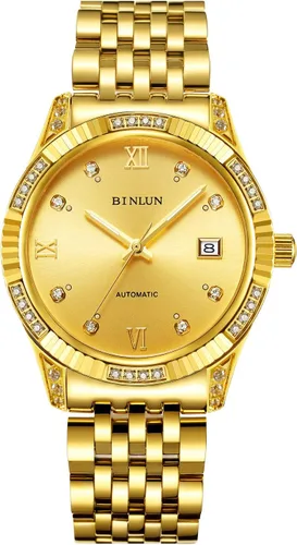 Miniatura 33 de BINLUN Reloj de pulsera para hombre, mecánico automático, reloj dorado con cuerda automática, elegante, chapado en oro de 18 quilates, relojes