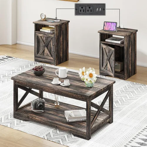 Miniatura 7 de AMERLIFE Juego de mesa de granja de 3 piezas incluye mesa de centro y dos mesas auxiliares, mesa lateral con estación de carga y puertos USB