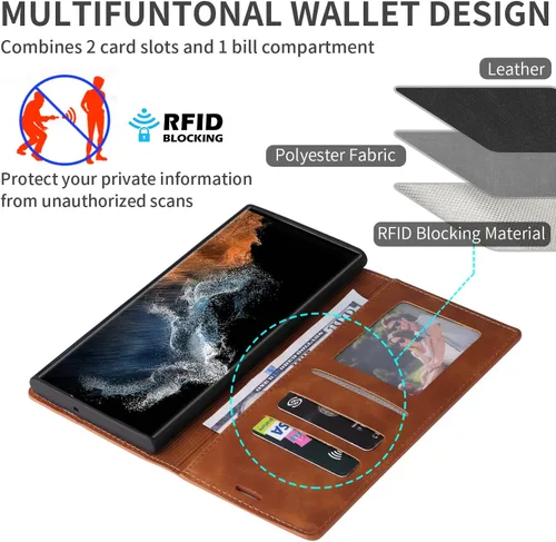 Miniatura 3 de ZZXX Funda tipo cartera para Samsung Galaxy S22 Ultra con bloqueo RFID, ranura para tarjetas, función atril, magnética, de piel suave, para Samsung
