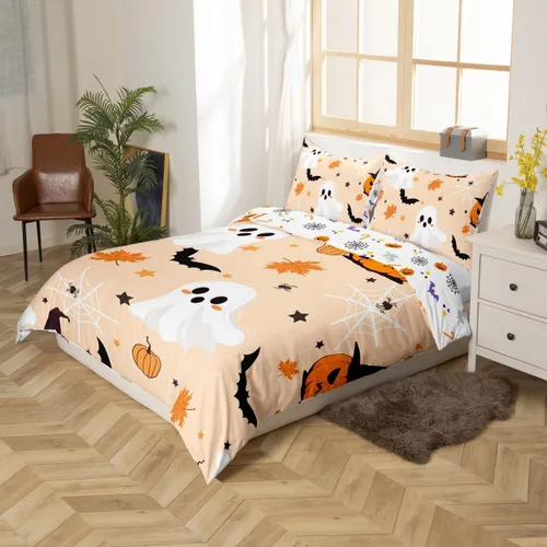 Miniatura 2 de Erosebridal Funda de edredón de calabaza con diseño de murciélagos para Halloween, juego de ropa de cama con sombrero de bruja, funda de edredón