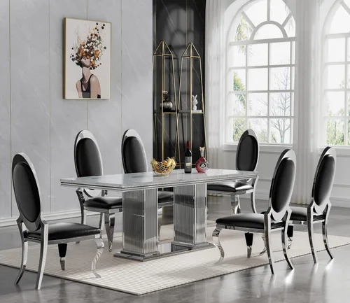 Miniatura 22 de Juego de mesa de comedor de mármol negro de lujo para 4, mesa de cocina dorada de 70 pulgadas y 4 sillas de cuero negro, juego de 5 mesas de comedor