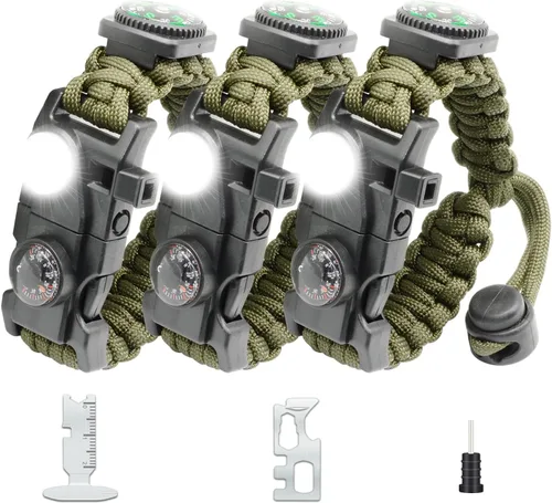 Miniatura 16 de Brazalete de paracord de supervivencia 20 en 1, kit de equipo ajustable con luz LED SOS, arrancador de fuego, brújula más grande, silbato de Negro