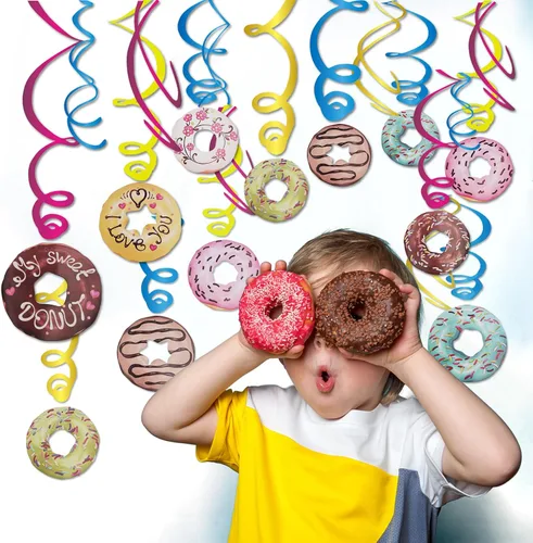 Miniatura 6 de 30 piezas de donas colgantes de remolino, bonita decoración de fiesta de donas, serpentinas colgantes de techo para fiesta de cumpleaños, fiesta