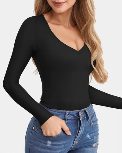 Miniatura 2 de CLOZOZ V Neck Tops Sexy Shirts for Women Fitted Tight T Shirts Basic Tee