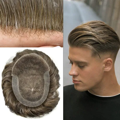 Miniatura 26 de LYRICAL HAIR Sistema de cabello humano con encaje frontal francés para hombres, tupé de piel de polietileno para hombres, línea capilar natural